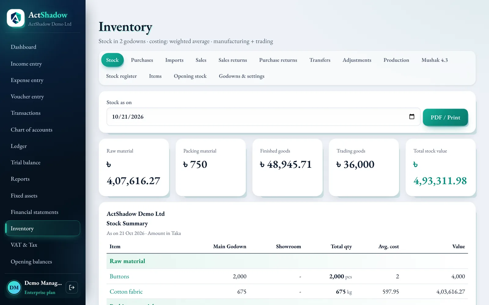 Stock summary by godown in ActShadow