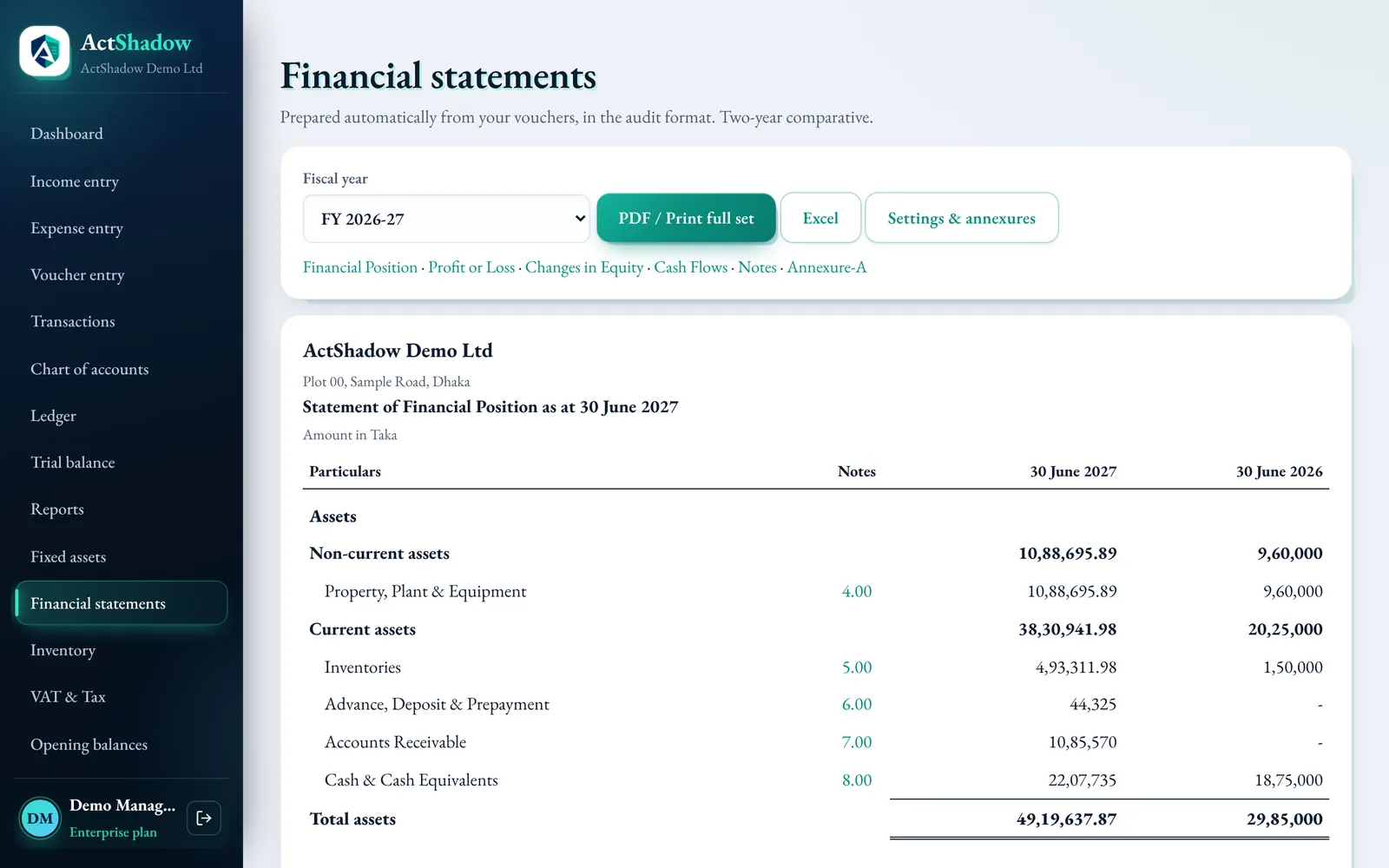 Statement of financial position with notes in ActShadow